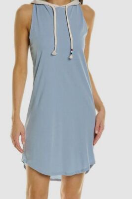 $110 Sol Angeles Women's Blue Colorblock Hooded Drawstring Mini Tank Dress L