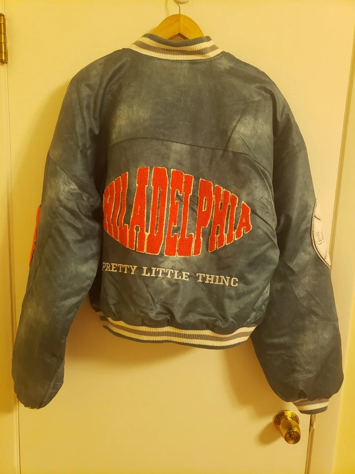 NWT! Pretty Little Thing Blue Slogan Back Brushed Look Satin Bomber Coat Size L - Image 2 of 4