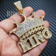 HIP HOP ICED GOLD PLATED LARGE CROWNED KING CUBIC ZIRCONIA FASHION CHARM PENDANT