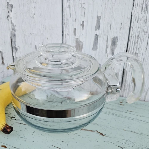 Vintage PYREX USA Flamewear 5-cup  Blue Tint Glass Teapot with Tab Lid