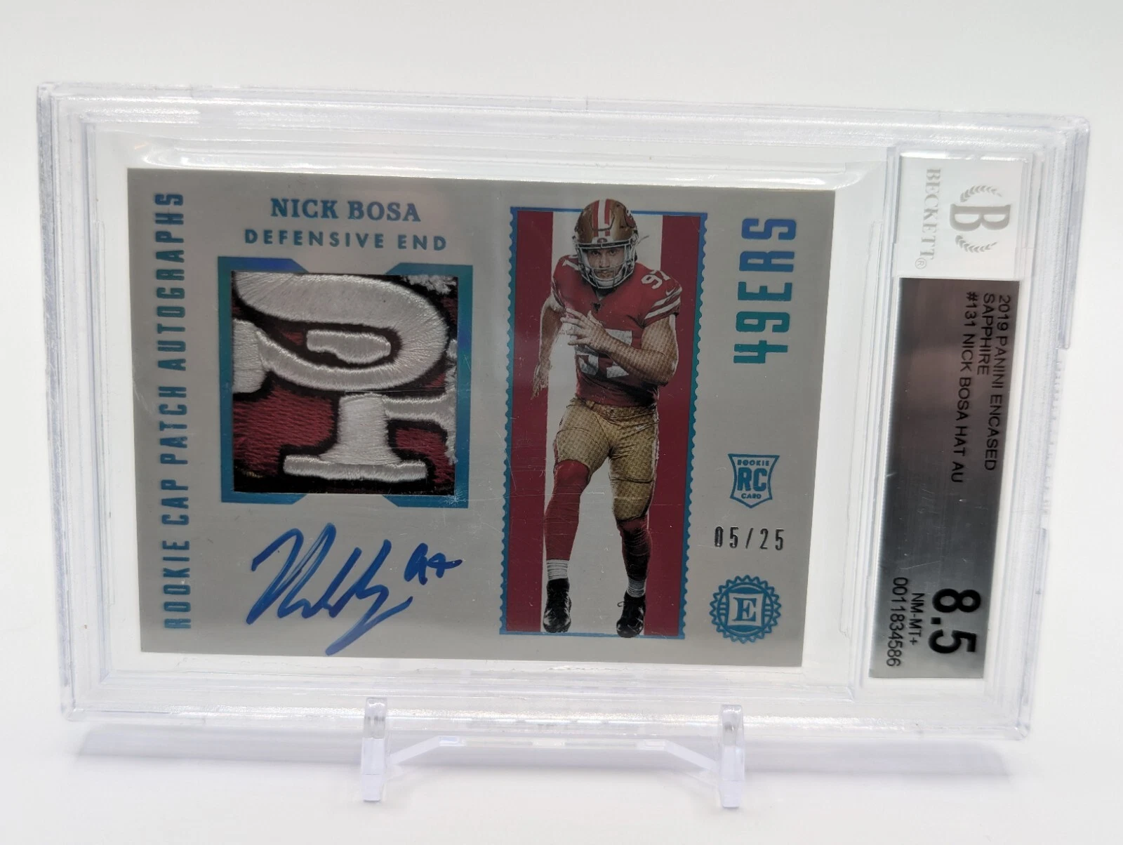 Nick Bosa Panini Encased Rookie Quad Memorabilia #15 Sapphire