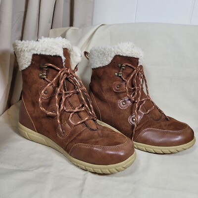  Denali Winter Brown Lace Up Boots Women's  Size 8 With Faux Fur Collar Mid Calf