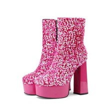 Womens Shiny Sequin Platform Ankle Boots High Chunky Heel Zip Party Shoes 14cm