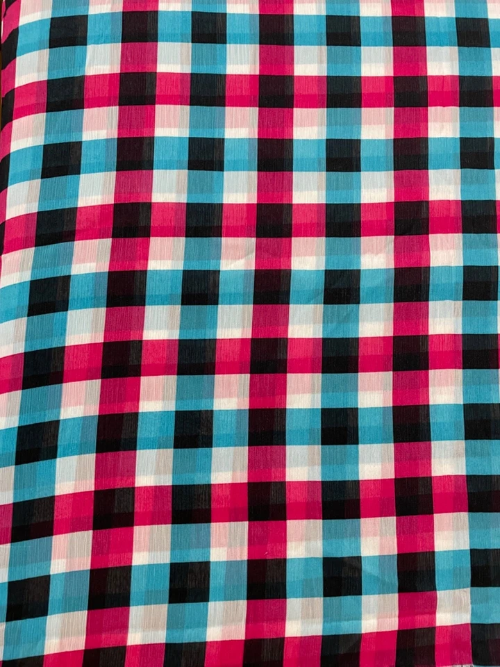 Fabric Lot 4 Yards 27 Inches 56 W Apparel Check Plaid Pink Aqua Black White - Image 3 of 4