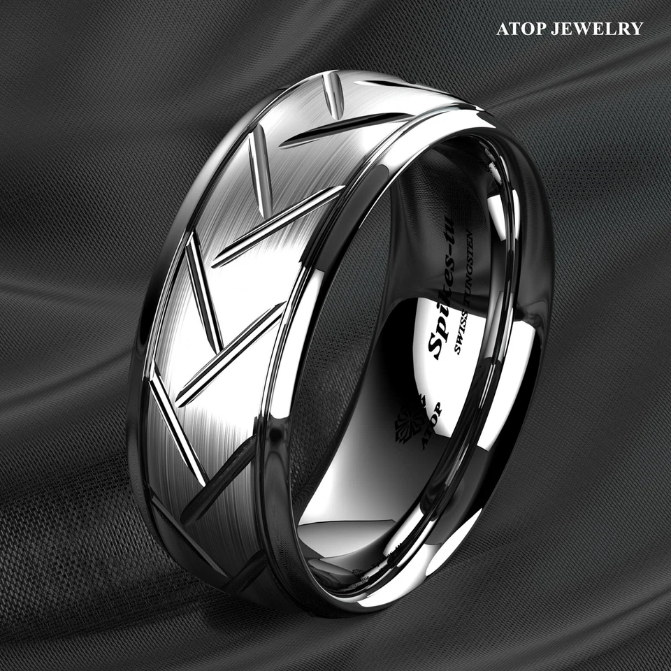 8/6mm Silver Brushed Tungsten Ring for Mens Wedding Band Bridal ATOP Jewelry - Image 2 of 4