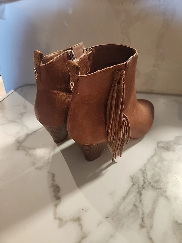 Thalia Sodi Womens 10M COGNAC Brown Lorys Fringe Leather Ankle Boots Stack Heel - Image 3 of 4