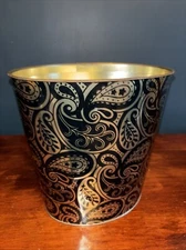Vintage JV Reed Gold & Black Paisley Metal Trash Can Waste Basket 9" Made in USA