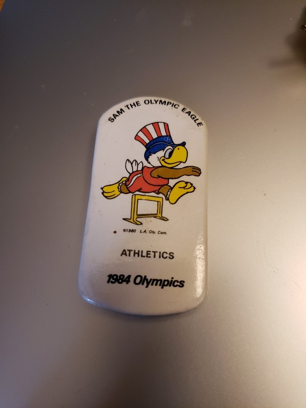 Los Angeles CA 1984 Olympics Sam The Eagle Athletics Track Hurdles Pin Button