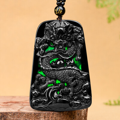 Burmese Jade Dragon Pendant Gift Jewelry Emerald Black Natural Jadeite Necklace