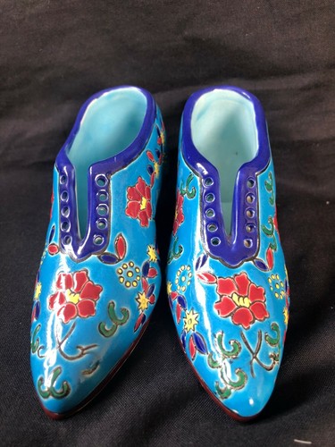 Ensemble De 2 EMAUX DE LONGWY France Faïence 1890-1930 Bleu Floral Chaussure - Photo 4 sur 7