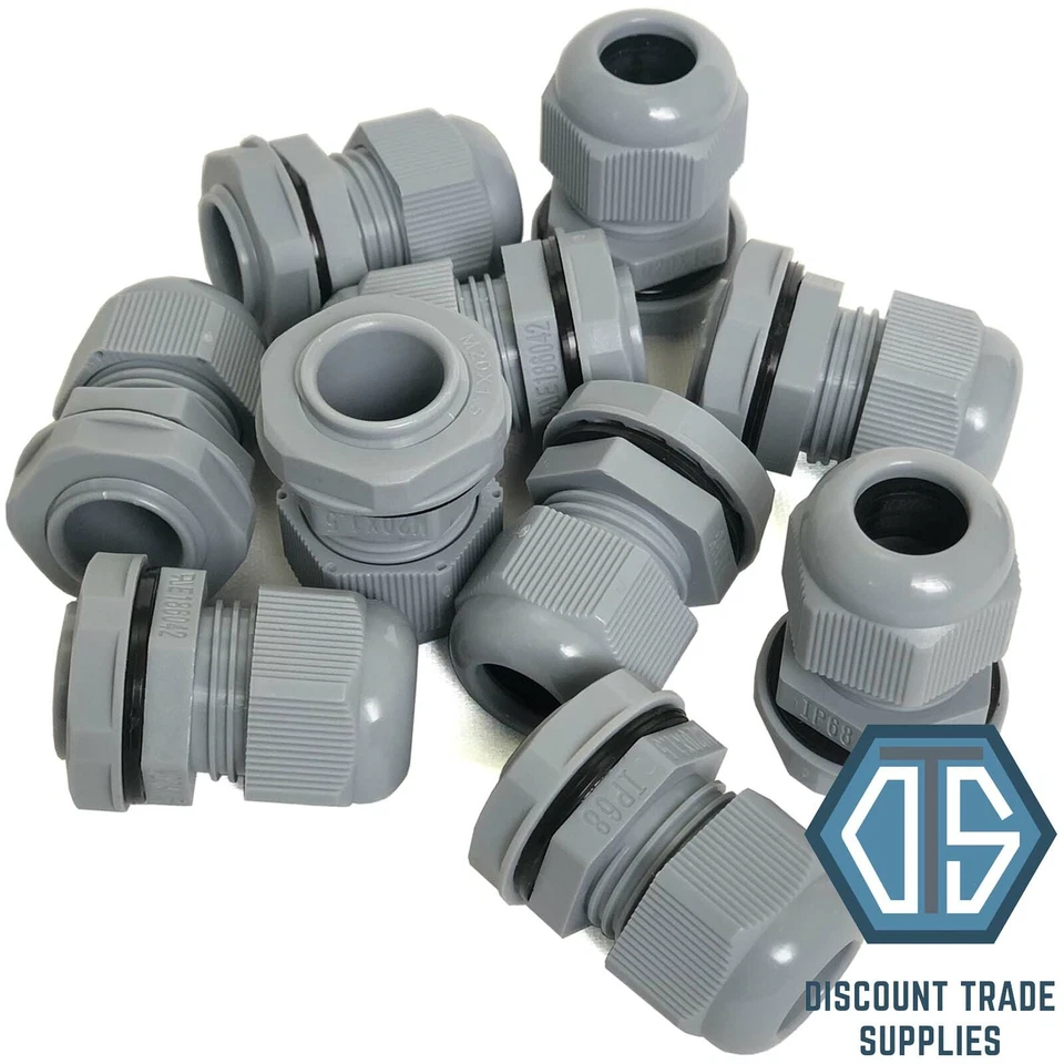 10x 20mm Grey Waterproof IP68 Compression TRS Cable Stuffing Gland Locknut M20