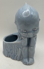 Vintage Blue Kewpie Doll Planter Sitting On A Log U.S.A. 5.75&rdquo; Tall Home Decor