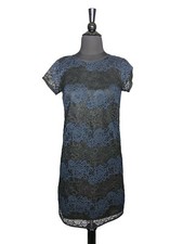 Ann Taylor Loft Black Navy Blue Striped Lace Sheer Shift Dress Sz 00