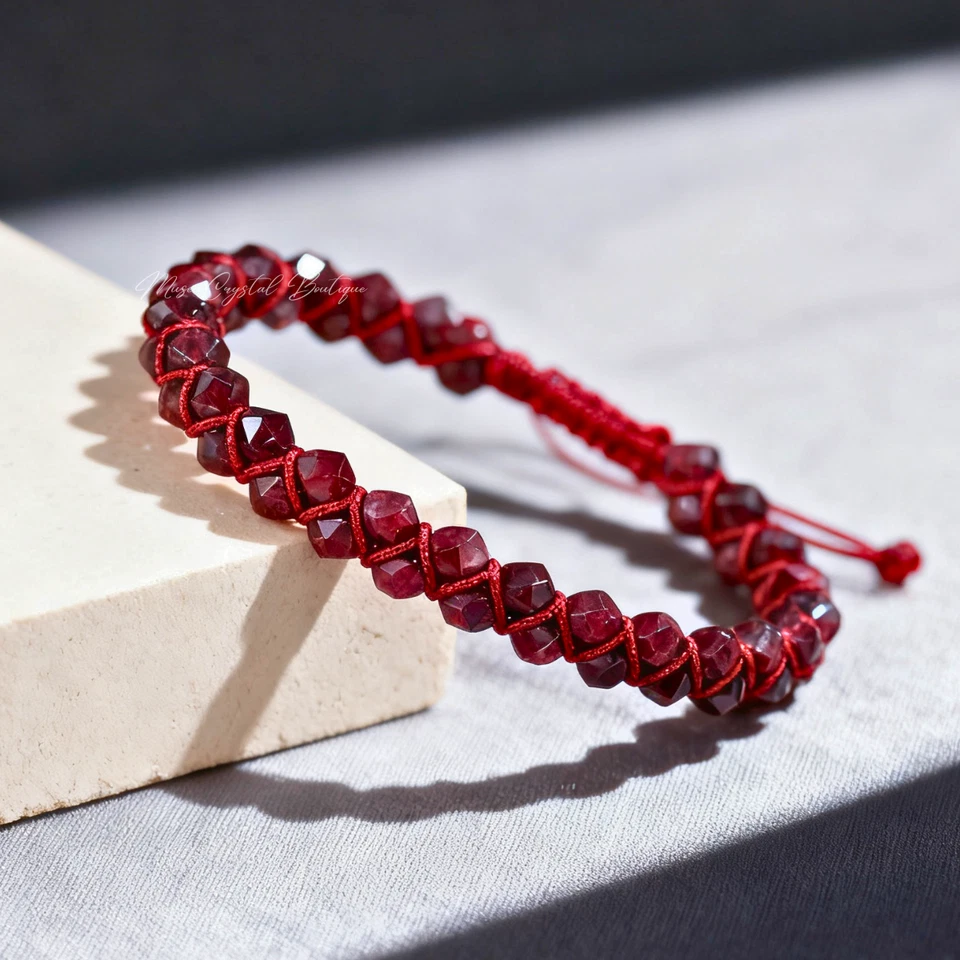 Natural Red Garnet Stone Bracelet Boho Handmade Healing Reiki Gemstone Jewelry - Image 3 of 4