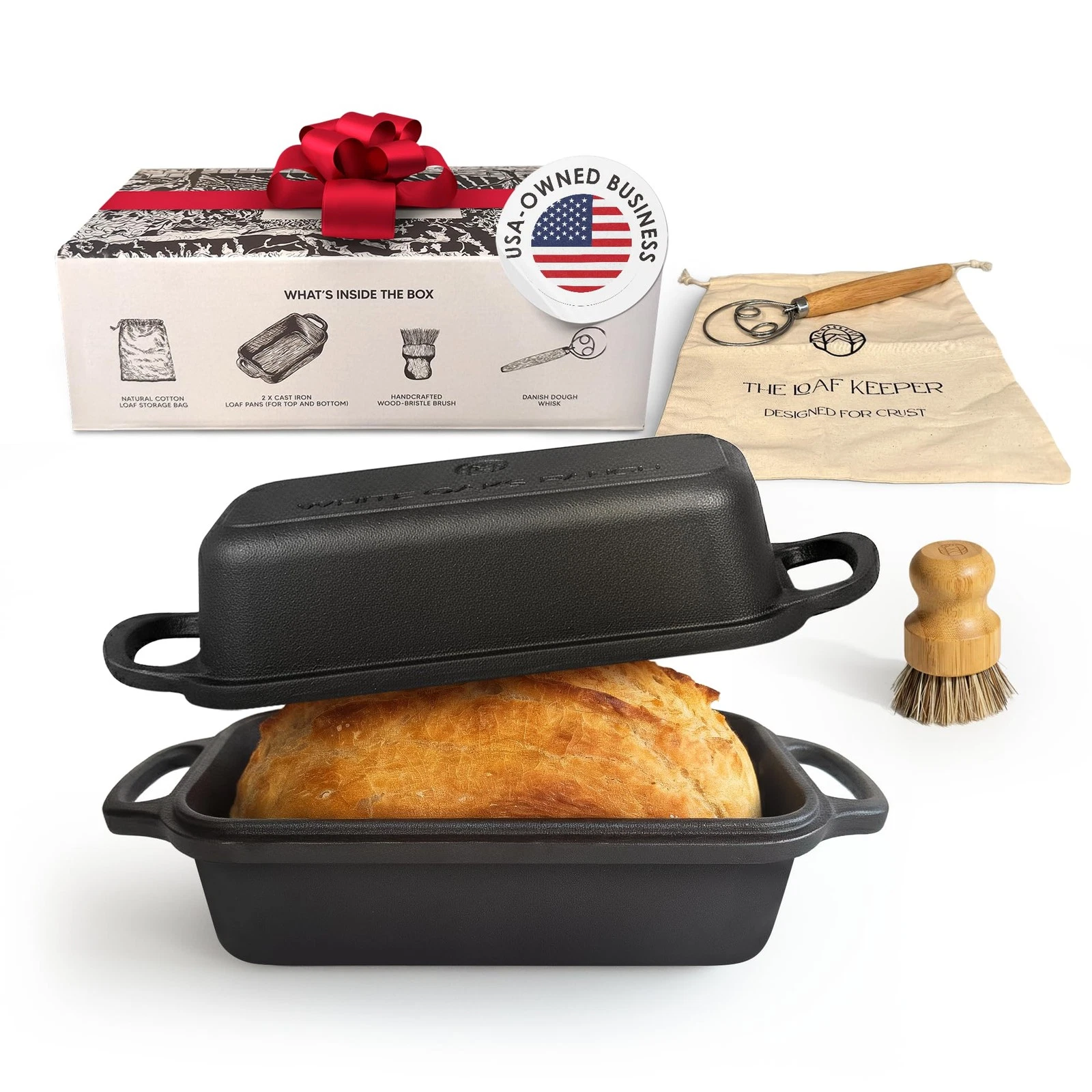 White Oaks Ranch Cast Iron Bread Loaf Pan + Bread Bag + Dough Whisk + Brush |...
