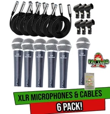 Cardioid Vocal Microphones with XLR Mic Cables & Clips (6 Pack) by FAT TOAD