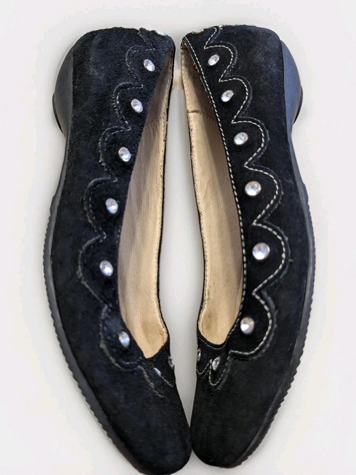 Suede Low Heel Yellow Box Black Leather Rhinestone Shoes Jackie Womens Size 6.5 - Image 2 of 4