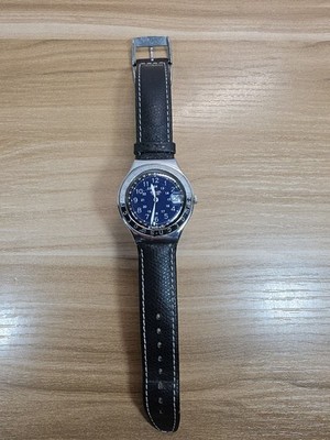Vintage Swatch Happy Joe Blue Irony 37mm Stainless Steel & Black Leather 1993