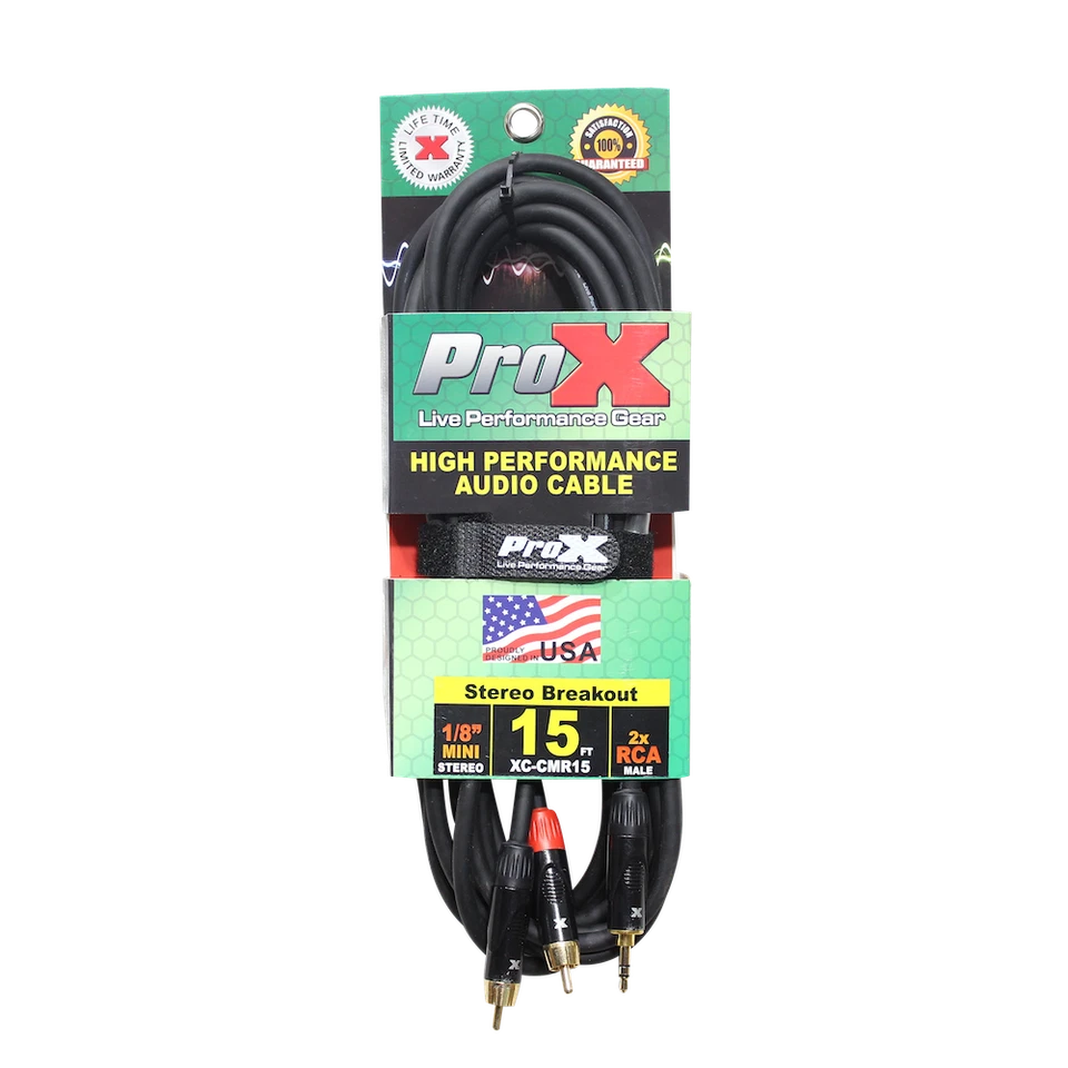 Pro X 15' Ft 3.5mm 1/8” Mini TRS to Dual RCA-M Unbalanced Y-Cable - Image 2 of 3