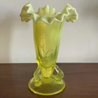 RARE FENTON CANARY VASELINE VASE WITH OPALESCENT CACTUS PATTERN 12.5”