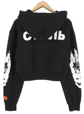 HERON PRESTON Flaming Skull Crop Damen Hoodie L schwarz bedruckter Pullover UVP499*
