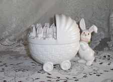 Fitz & Floyd White Baby Buggy Bunny Family Candy Dish