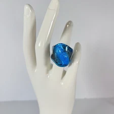 Murano Style Blue Glass Ring Size 7 Abstract Design VTG 1