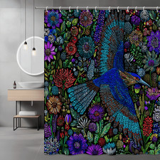 Bird Floral Shower Curtain Blue Purple Botanical Print