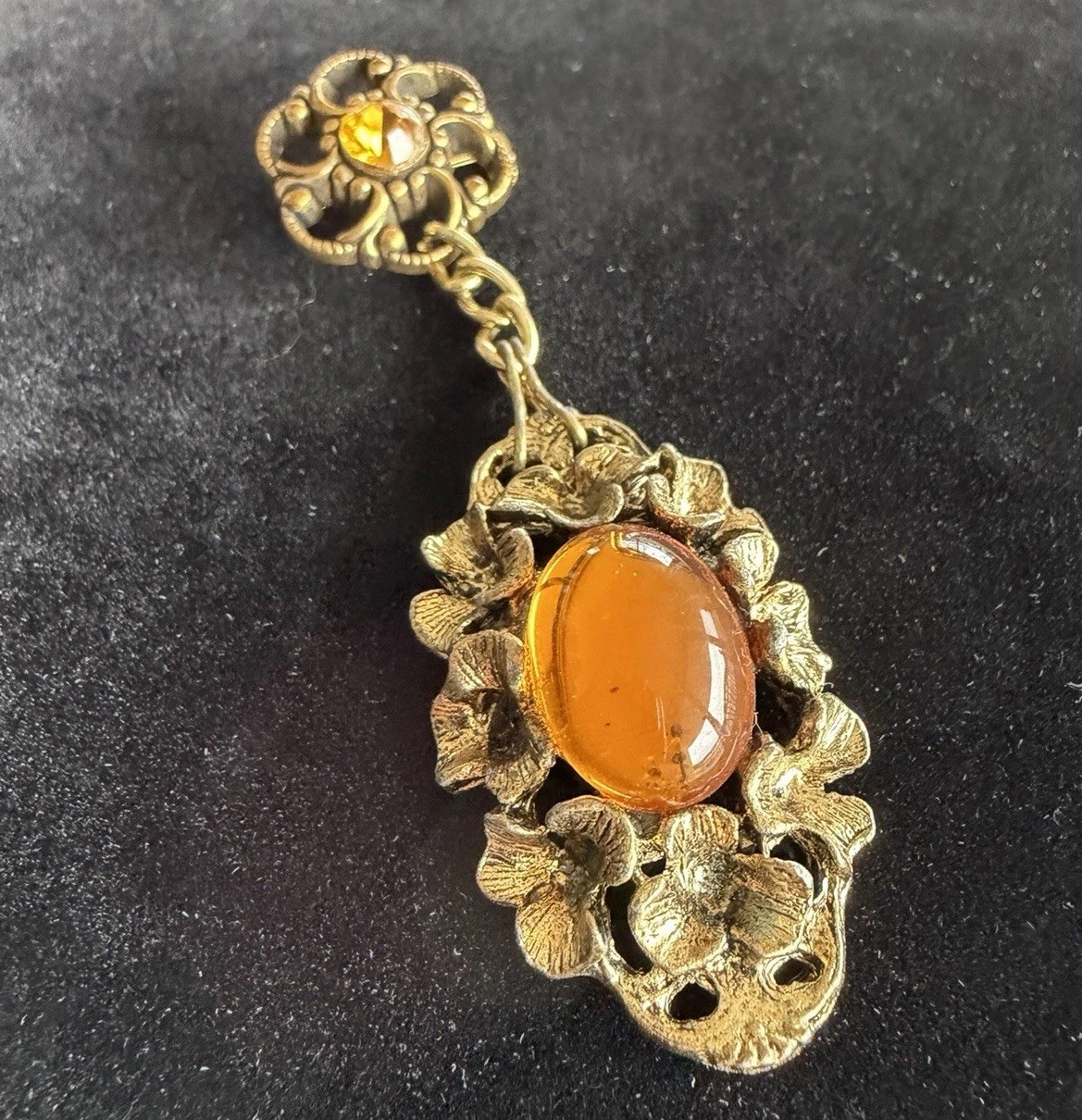 Vintage Brooch Amber Glass CABOCHON + Rhinestone Drop Dangle Art Nouveau Pin