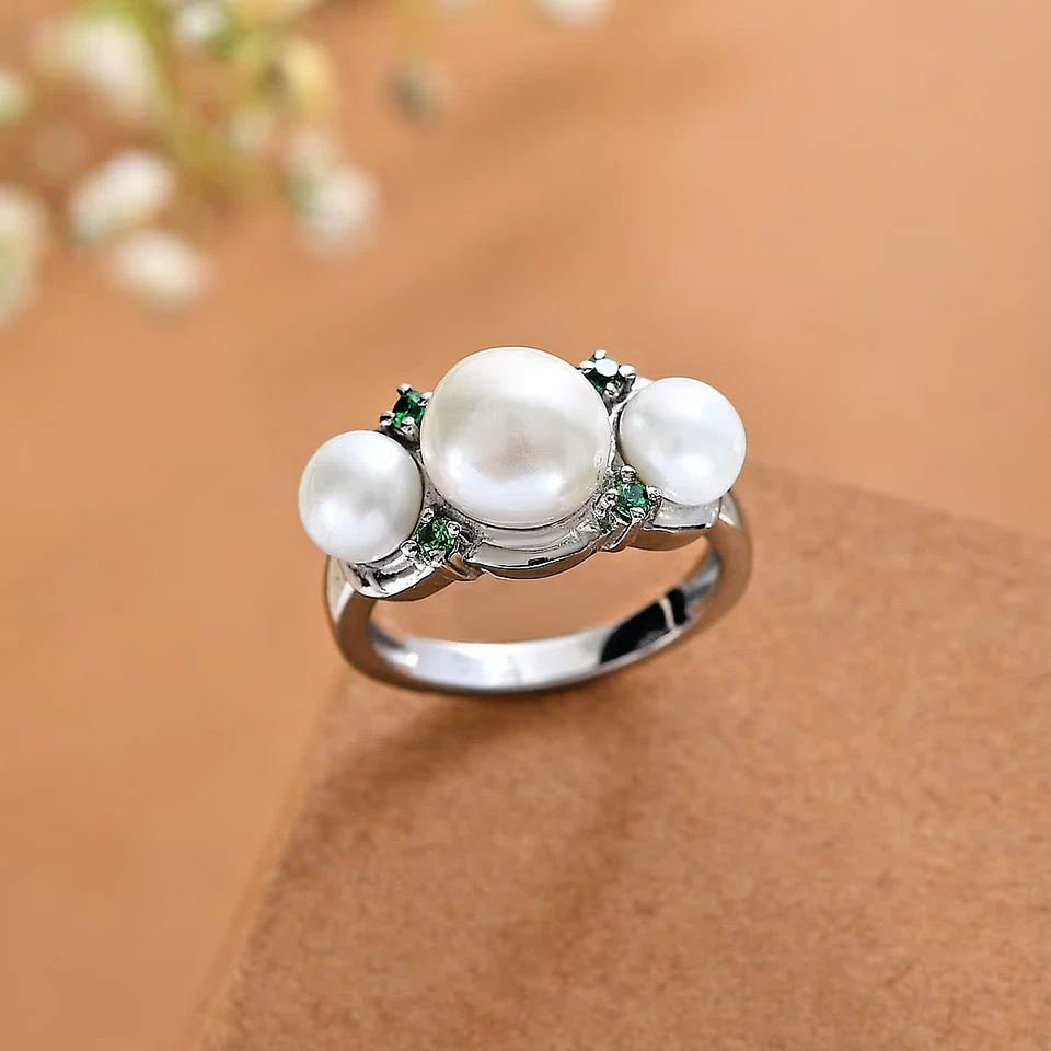 EverTrue 3 淡水珍珠和 6 绿色 CZ 戒指-316L 不锈钢 9 码全新 — 第 2/4 张图片