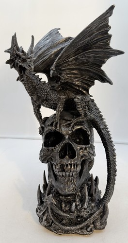 Large Gothic Winged Dragon Standing on a Skull Statue 18”