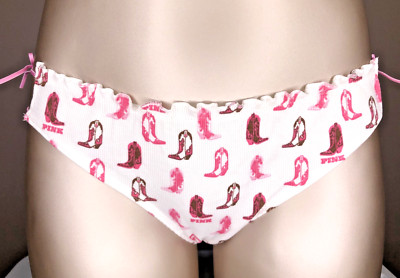 Victoria's Secret PINK NWT Medium White Side Tie Bikini Panty Cowgirl Boots Logo