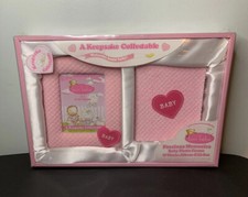 Vtg New Baby Welcome Home Gift Set Photo Album Picture Frame Puffy Pink White