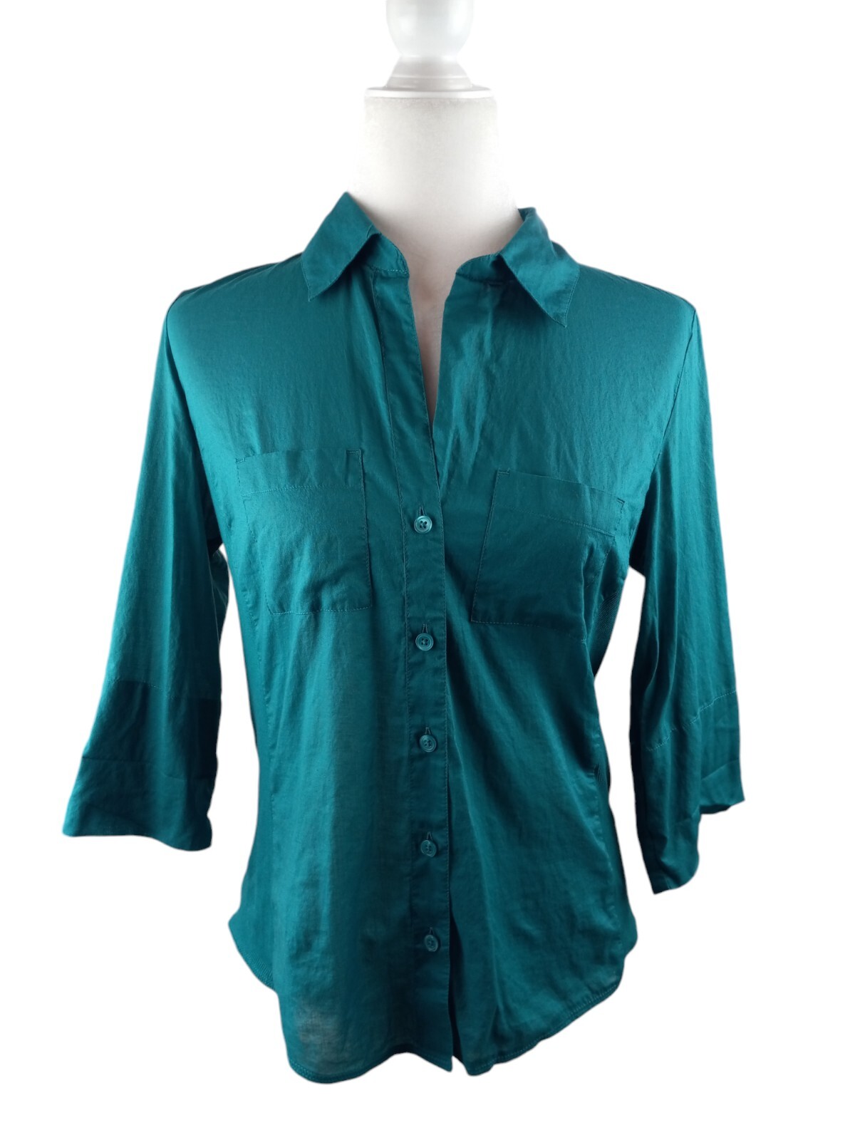 Ann Taylor Green Cotton Blouse Adj 3/4 Sleeve Sz 4 Pocket VNeck Pleated Top Lite
