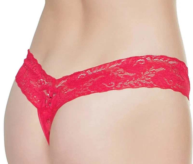 Plus Size Mesh Thong with Scalloped Stretch Lace Waistband Black or Red OSXL - Image 4 of 4