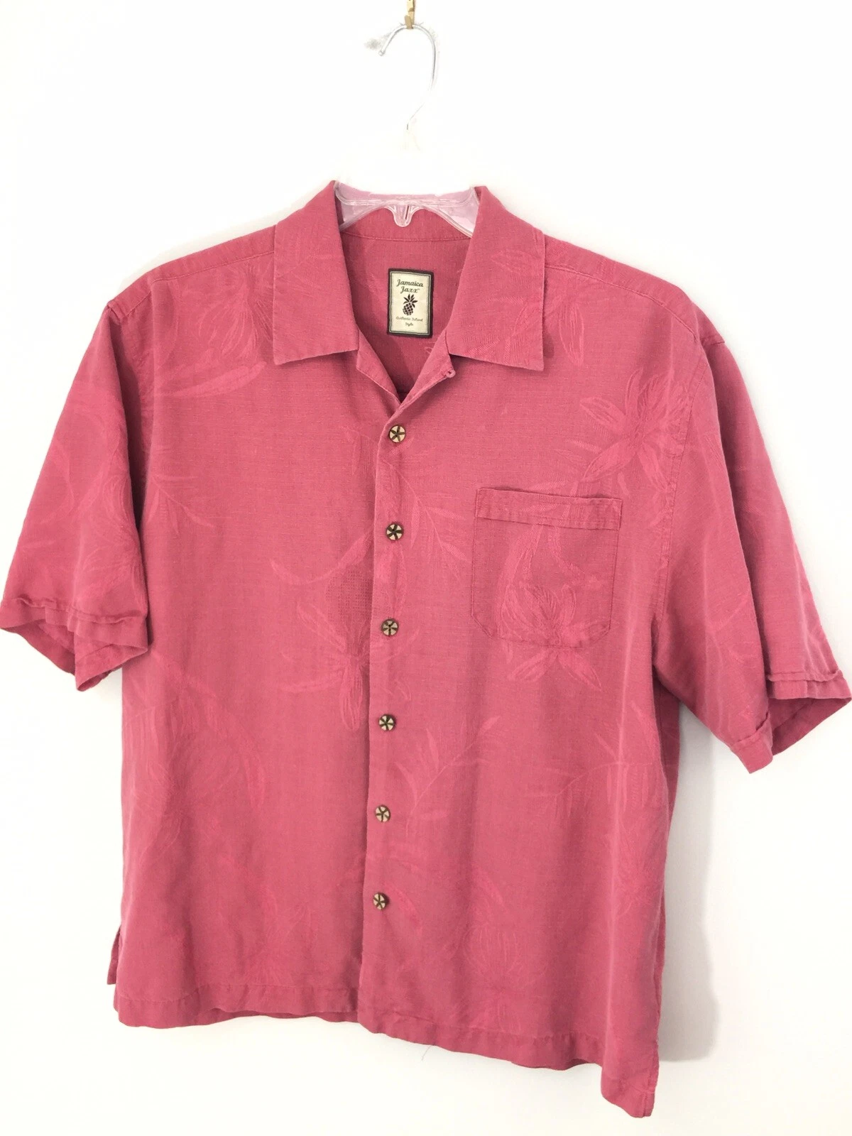 Jamaica Jaxx Camp Shirt Salmon Color Embossed 100% Silk Men's Large S/S