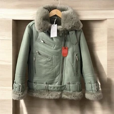 The Arrivals Moya Leather Shearling Moto Bluebird Glade Jacket Women Sz XS NWT