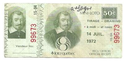 Canadian Old Lottery Ticket 1972 Used / Loto-Quebec July 1972