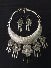 Thai Dance Jewelry Silver Necklace and Earrings Set for Thai Dress Thai Costume