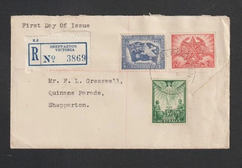 Australia 1945 Registered FDC Cover Peace Set SHEPPARTON VIC Label Postmark