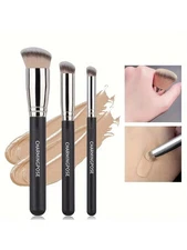 3 Pcs Makeup Brush Set - Foundation & Concealer Brush Kit with Nylon Bristles 