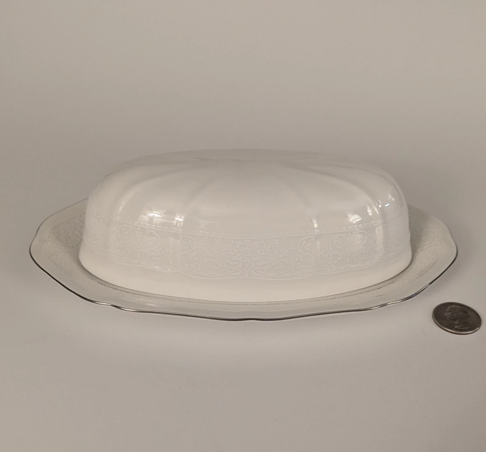 Mikasa Ultima + HK404 Floral Moire White Butter Dish Covered Chip Resistant