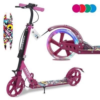 AREBOS Trottinette Pliable LED 200 mm Frein Disque Suspension Adulte Enfant Rose - Photo 1/4