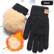 Unisex Thermal Warm Thick Fleece Lined Touchscreen Black Knit Gloves NEW Winter