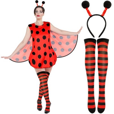 Damen Marienkäfer Kostüm Set - Kleid, Stirnband & Socken für Halloween Cosplay - L