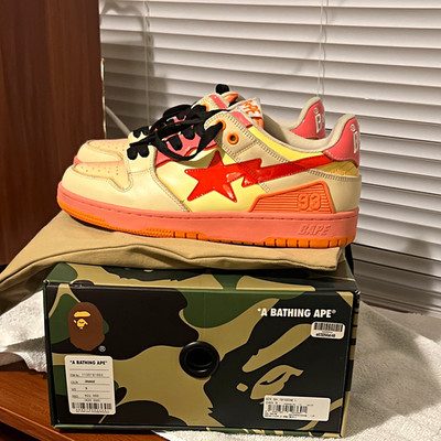 A Bathing Ape Bapesta Cream/Pink/Orange Low Top Lace-Up Men's Sneakers
