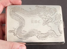 Antique Arts & Crafts Engraved Silver Cigarette Case Etched Chinese Luck Dragon