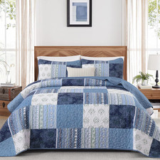 Patchwork Blue Quilt Set King Size,3 Pieces Boho Bedspread Coverlet Set Plaid Bo