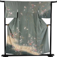 Chrysanthemum Cherry Kimono M Size 154.5cm Used Gray Green Silk