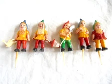 5 Vintage Hard Plastic Garden Elves Gnomes Figures Plant Decorations Toppers